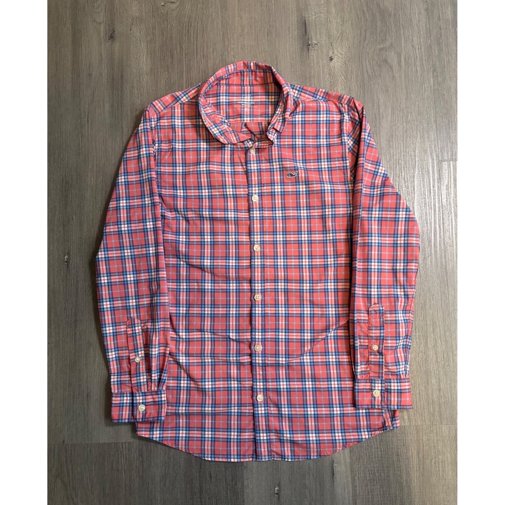 Vineyard Vines Button Down Kids M 12-14 Red Blue Plaid Performance Whale Shirt